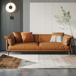 轻奢真皮沙发现代简约橙色意式极简客厅小户型直排羽绒皮艺沙发