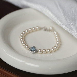 水星记 天然海蓝宝925银淡水珍珠手链 纯银轻奢法式女礼物鲛人语