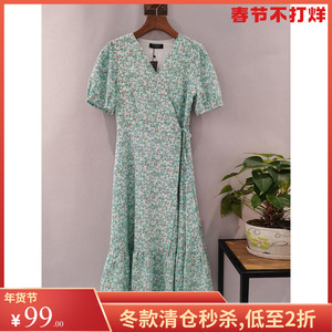 麦寻女装2021夏季新款v领绑带印花短袖连衣裙碎花裙nqll2042