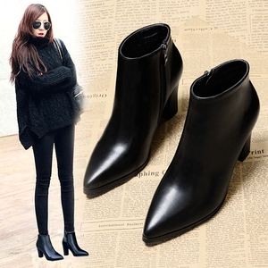 2021新款高跟鞋女冬季粗跟马丁靴韩版尖头皮靴女短筒裸靴百搭短靴