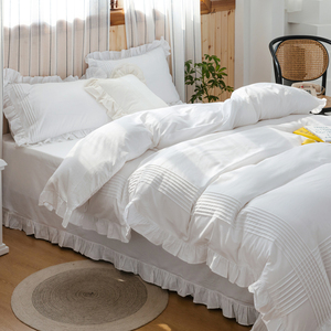 韩式简约纯棉四件套全棉双人被套床单纯色荷叶边1.5m 1.8m床包邮