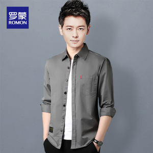 罗蒙纯棉长袖衬衫男士宽松七分袖寸衫春秋季休闲工装衬衣外套潮男