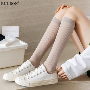 日本代购RUUBON春夏薄款小腿袜日系简约及膝长筒袜JK白色中筒袜子