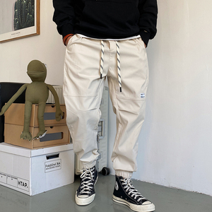 春秋季美式休闲痞帅高端工装裤男宽松潮牌简约百搭抽绳束脚裤子潮