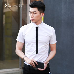 夏季男士修身韩版短袖衬衫免烫纯棉白色假领带拼接青少年衬衣男装