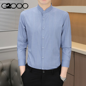 G2000新款立领免烫男士长袖衬衫条纹职业工装商务正装男式衬衣