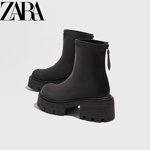 ZARA黑色真皮短靴子2023秋冬季新款加绒鞋子厚底增高英伦马丁靴女