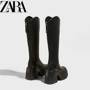 ZARA真皮10CM高跟长靴子2023秋冬季新款骑士厚底增高筒靴长筒靴女
