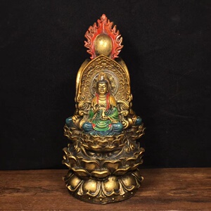 中式仿古做旧纯铜彩绘地藏王三圣佛坐莲花三面佛家居店铺供奉神像