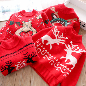 圣诞节~男女童中国红麋鹿毛衣儿童圆领套头针织衫上衣2020冬装新