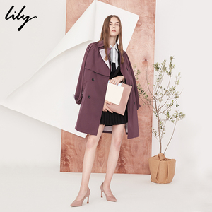 Lily2018秋新款女装商务通勤双排扣中长款风衣外套118