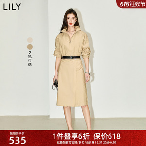 LILY2024夏新款女装时尚都市通勤款纯色显瘦长款高腰风衣式连衣裙