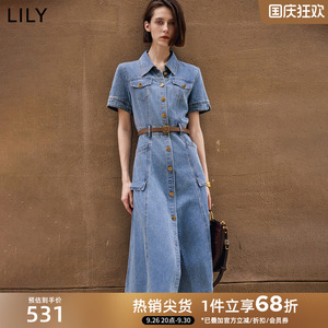 LILY蓝色牛仔衬衫裙复古宽松腰带高腰通勤连衣裙2024秋冬新款女装