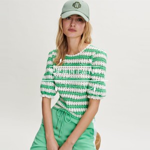 法代】maje2022春夏短袖镂空菱格条纹针织衫女mfppu004870人付款850