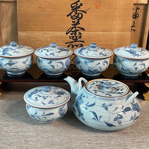日本庆四郎青花染付茶具茶道具茶壶茶杯汤吞茶碗陶瓷瓷器一壶五杯