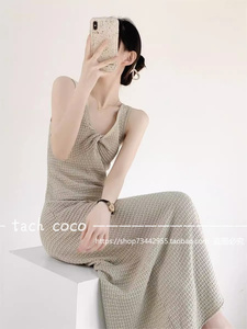 Tach Coco法式性感气质V领针织连衣裙设计感冰丝吊带收腰背心长裙