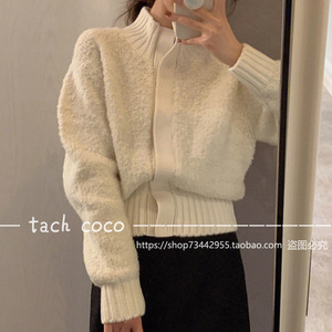 Tach Coco法式奶白色立领暗扣羊绒针织开衫外套女设计感长袖毛衣