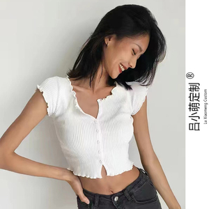 吕小萌 美式复古木耳边圆领t恤女装修身显瘦露脐短款上衣针织开衫