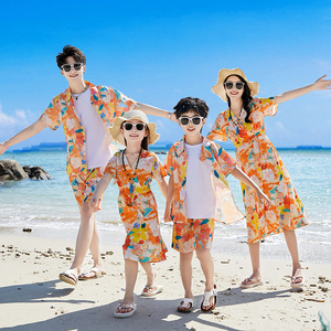 沙滩兄妹亲子装2024新款巴厘岛三亚旅游衬衫海边度假母女装连衣裙