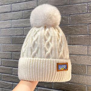 冬季加绒毛线帽加厚保暖东北冷帽女大头围护耳毛球帽子白色针织帽