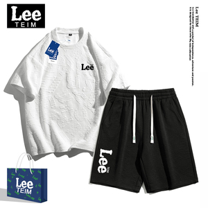 Lee Teim情侣装短袖t恤男女夏季美式潮牌复古重磅两件一套装短裤