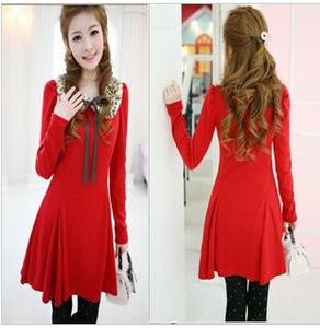 秋装新品 韩版耸肩  复古 红色连衣裙（配豹纹领子）0580xiangzi