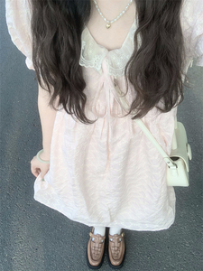 粉色连衣裙夏季日系蕾丝边刺绣系带奶甜风减龄初恋仙女小个子短裙