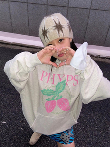 韩国潮牌PHYPS秋季新款可爱草莓印花宽松连帽圆领卫衣帽衫外套