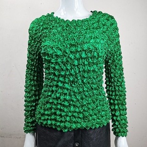 褶皱长袖菠萝衫女秋季新款时尚泡泡衣弹力魔术衫宽松大码显瘦t恤