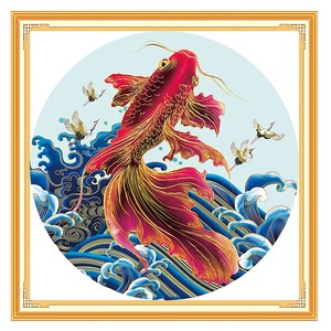 纯手工十字绣成品锦鲤戏水鱼跃龙门圆形新款客厅餐厅现代装饰挂画