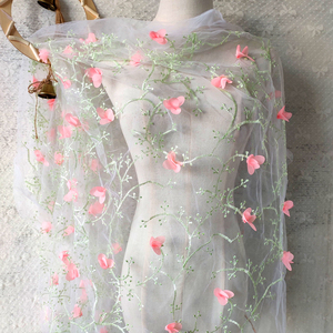 彩色雪纺花朵蕾丝面料 粉绿双色款服装衣裙辅料布料 网纱绣花蕾丝