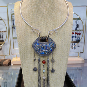 美丽银饰古董明清老银项链流苏吊坠女款宫廷复古平安锁光圈项链