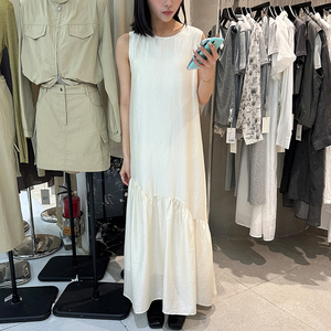 东大门女装2024春夏韩系小众拼接白色连衣裙高腰显瘦无袖背心长裙