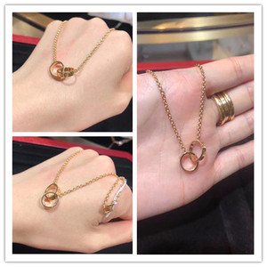 视频代购 cartier/卡地亚 love系列双环项链18k玫瑰金吊坠锁骨链