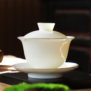 德化白瓷盖碗茶杯羊脂玉瓷三才茶碗描金功夫茶具带盖不烫手敬茶杯