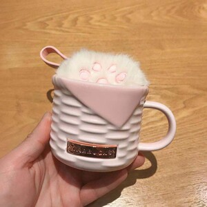 星巴克猫爪杯子2021樱花季粉色野餐蓝造型编织纹陶瓷马克杯带挂件