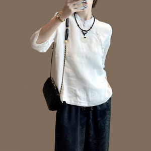 新中式旗袍上衣女设计感复古圆领斜襟盘扣衬衫复古气质分袖衬衫夏