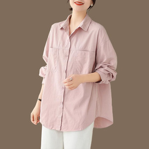 白衬衫女设计感小众棉质翻领休闲宽松显瘦韩版秋季长袖衬衣外套