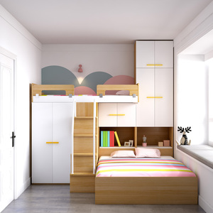 小户型儿童上下双层床两层上下铺带衣柜书桌一体错位组合床交错式
