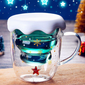 圣诞节杯子马克杯倒扣圣诞树款节日惊喜星愿杯双层奇遇隔热玻璃杯