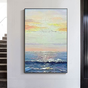 纯手绘油画日出装饰画大海风景壁画北欧玄关客厅挂画厚油大幅手工