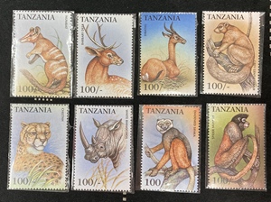坦桑尼亚1999年发行野生动物豹子猴子犀牛羚羊鹿 撕版邮票零散8枚