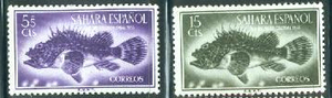 西属撒哈拉1953年 水生动物 鱼类 鲈鱼 零散邮票2枚 新 MNH