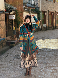 新疆民族风针织毛衣外套上衣女秋季流苏保暖加厚宽松中长款开衫冬