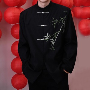新中式男装中国风翠竹刺绣垫肩西装外套男春季改良中山装西服上衣