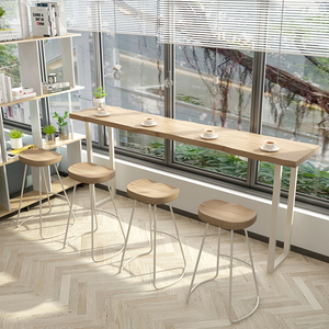 北欧实木吧台桌简约现代 靠窗长条高脚桌 休闲区咖啡吧台桌椅组合