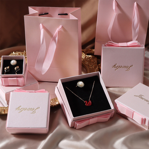 法式浪漫粉色烫金蝴蝶结项链耳环手链饰品包装礼盒现货可定制logo