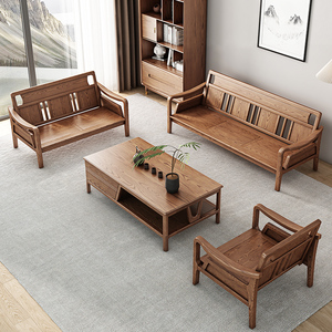 北欧三人位沙发实木客厅冬夏两用新款新中式小户型沙发白蜡木家具