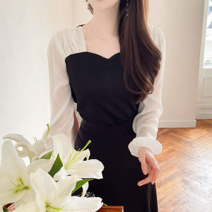 韩国代购fiona秋季名媛雪纺衫锁骨方领泡泡袖长袖套头衬衫女上衣