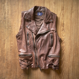 导演真皮皮衣男马甲绵羊皮机车复古背心修身翻领马褂潮钓鱼多功能